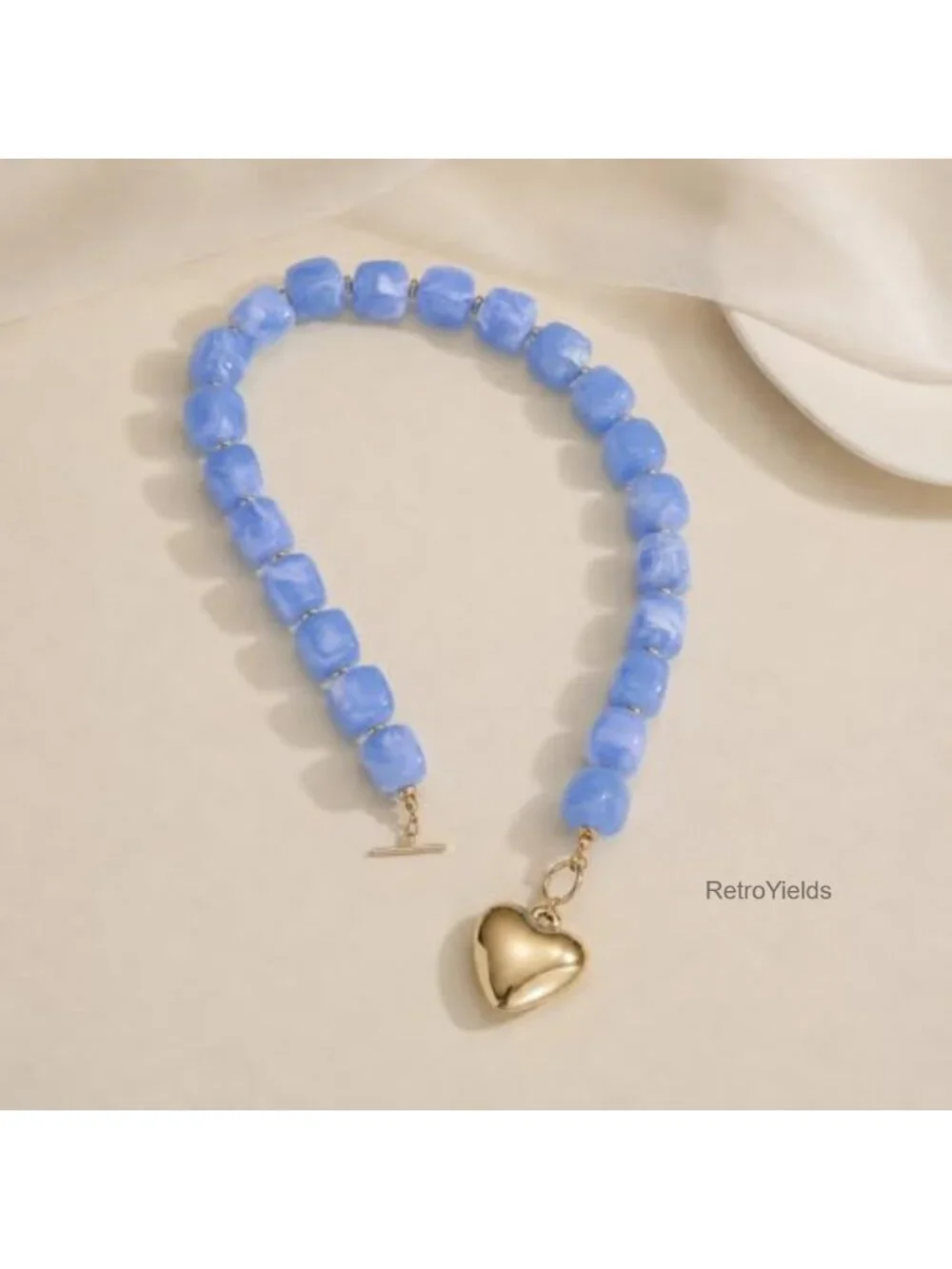 Chunky Heart Pendant Necklace 14K Gold Plated Resin Beaded Toggle Clasp Women